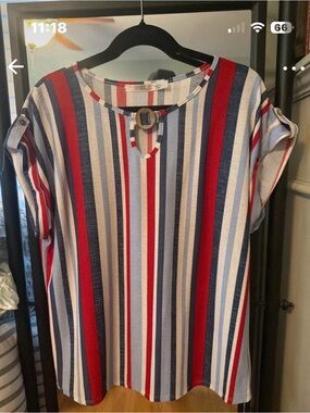 CURE. Red, Navy & White Striped Short Sleeve Keyhole Blouse